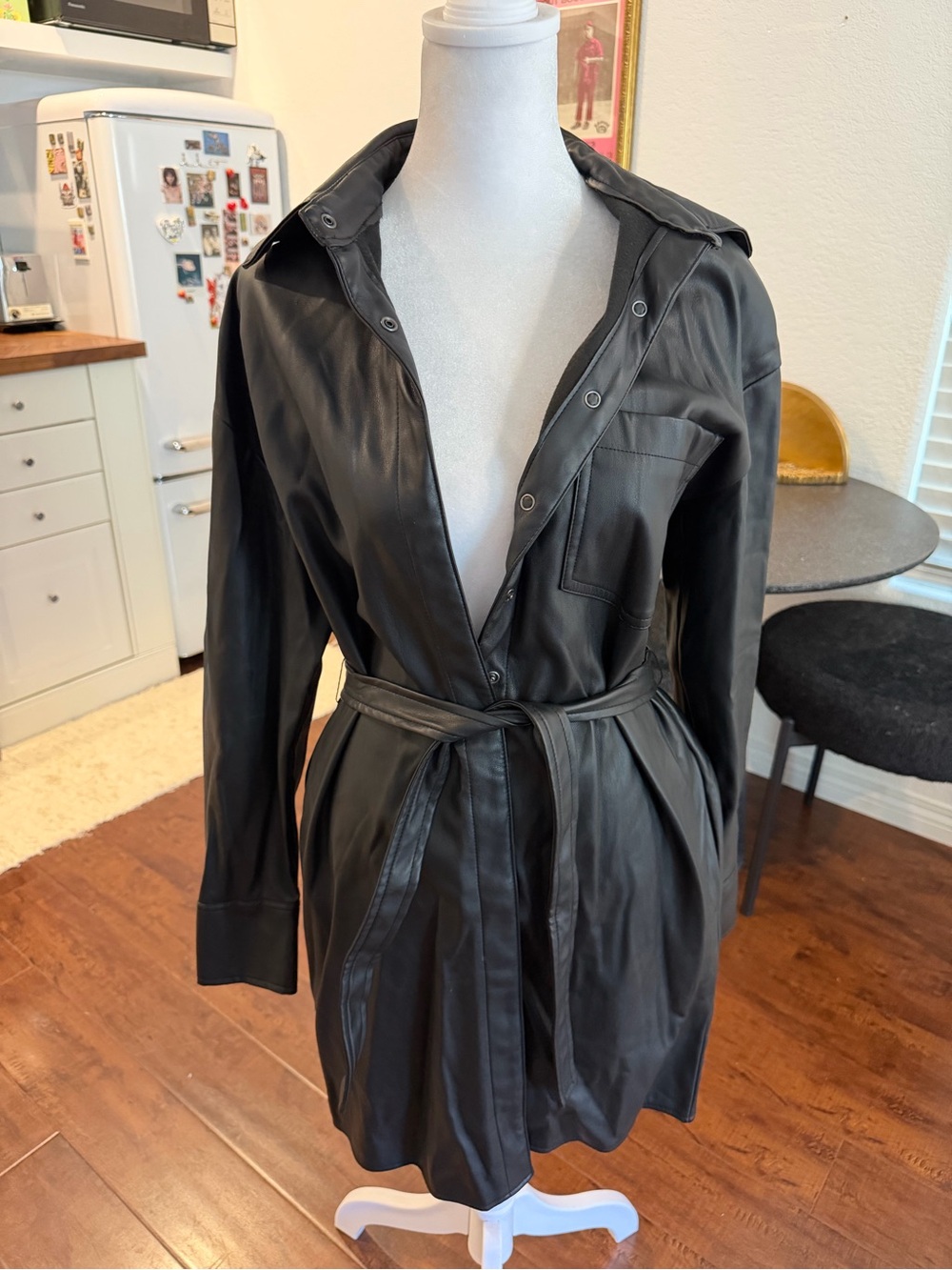 Women's Black Leather Belted Shirt Jacket